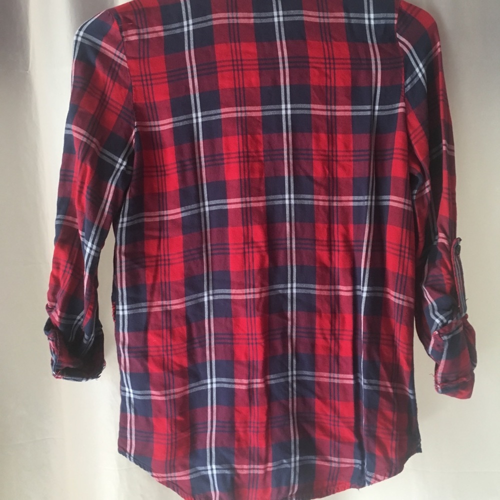 Red, blue plaid cardigan/button-up